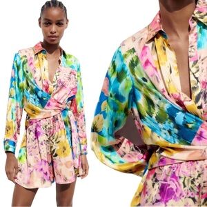 NWOT S Zara Satin Effect Floral Patchwork Mini Dress Wrap / Romper
